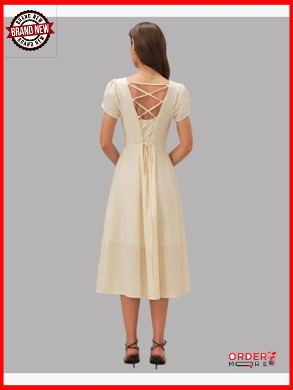 Short Sleeve Puff Square Neck A-Line Midi Dress - Picture 6 of 7